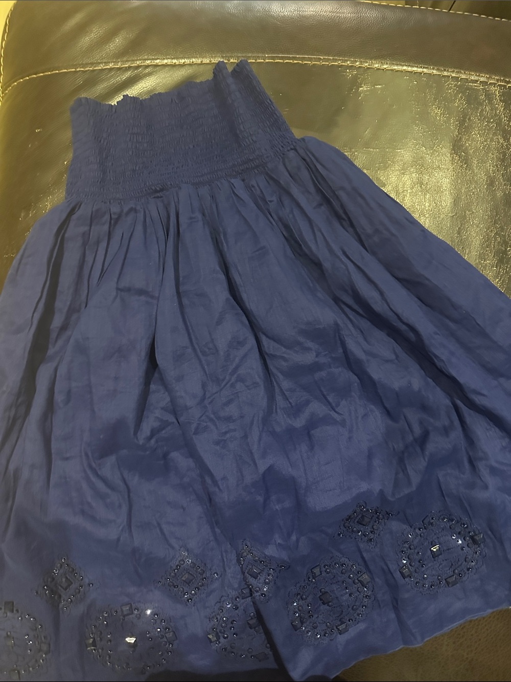 Joe Fresh Navy Blue Smocked Waist A-Line Skirt with Hem Embellishments
